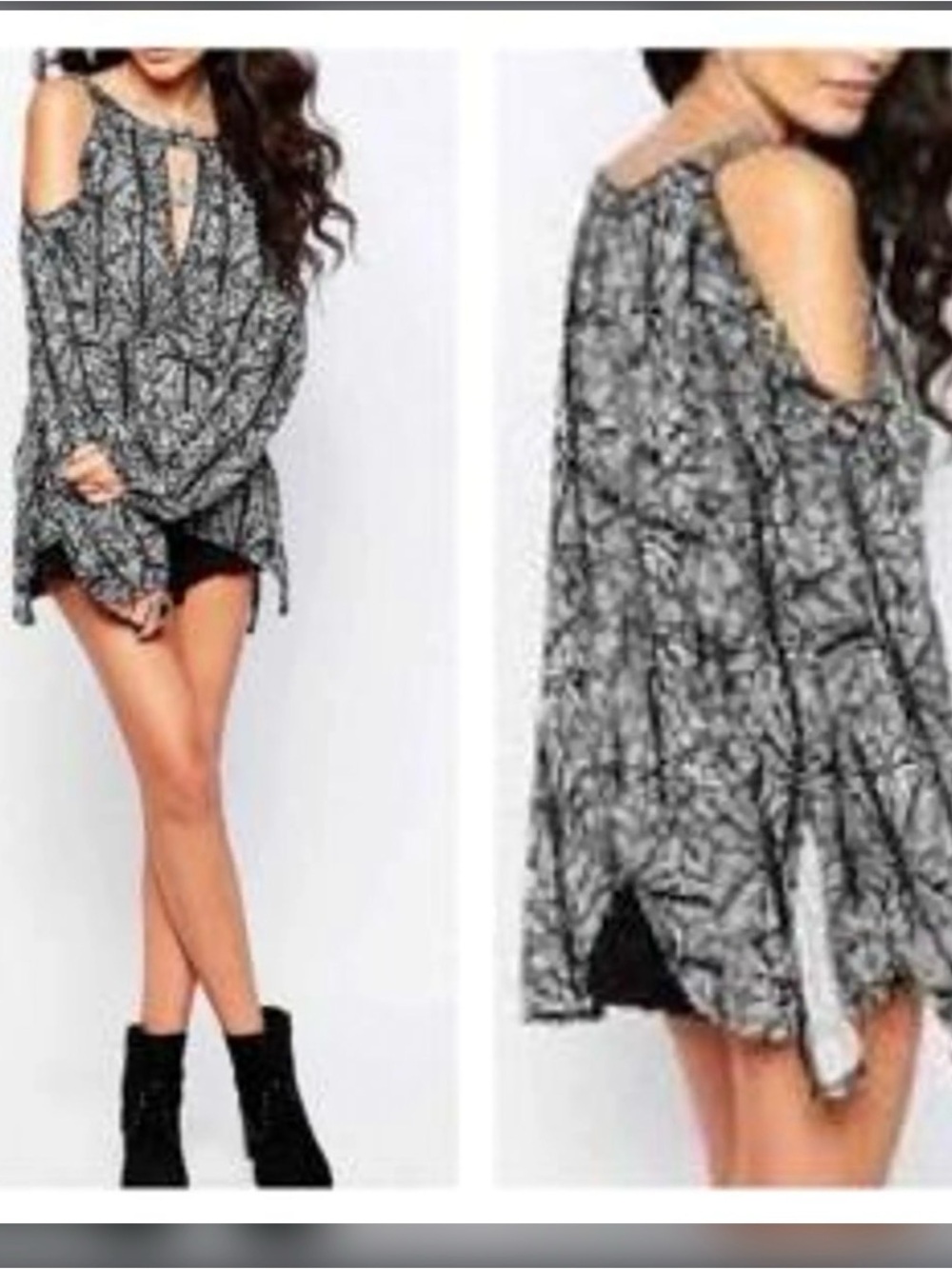 Free People Black & White Printed Cold-Shoulder Blouse